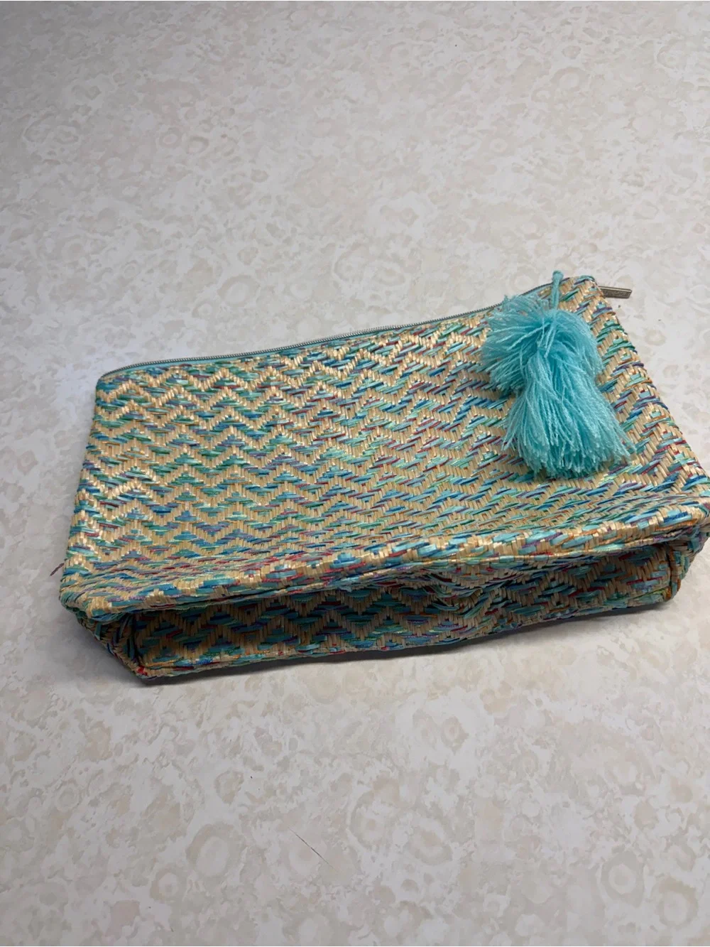 Lancôme Turquoise Tassel Woven Straw Clutch cosmetic case woven